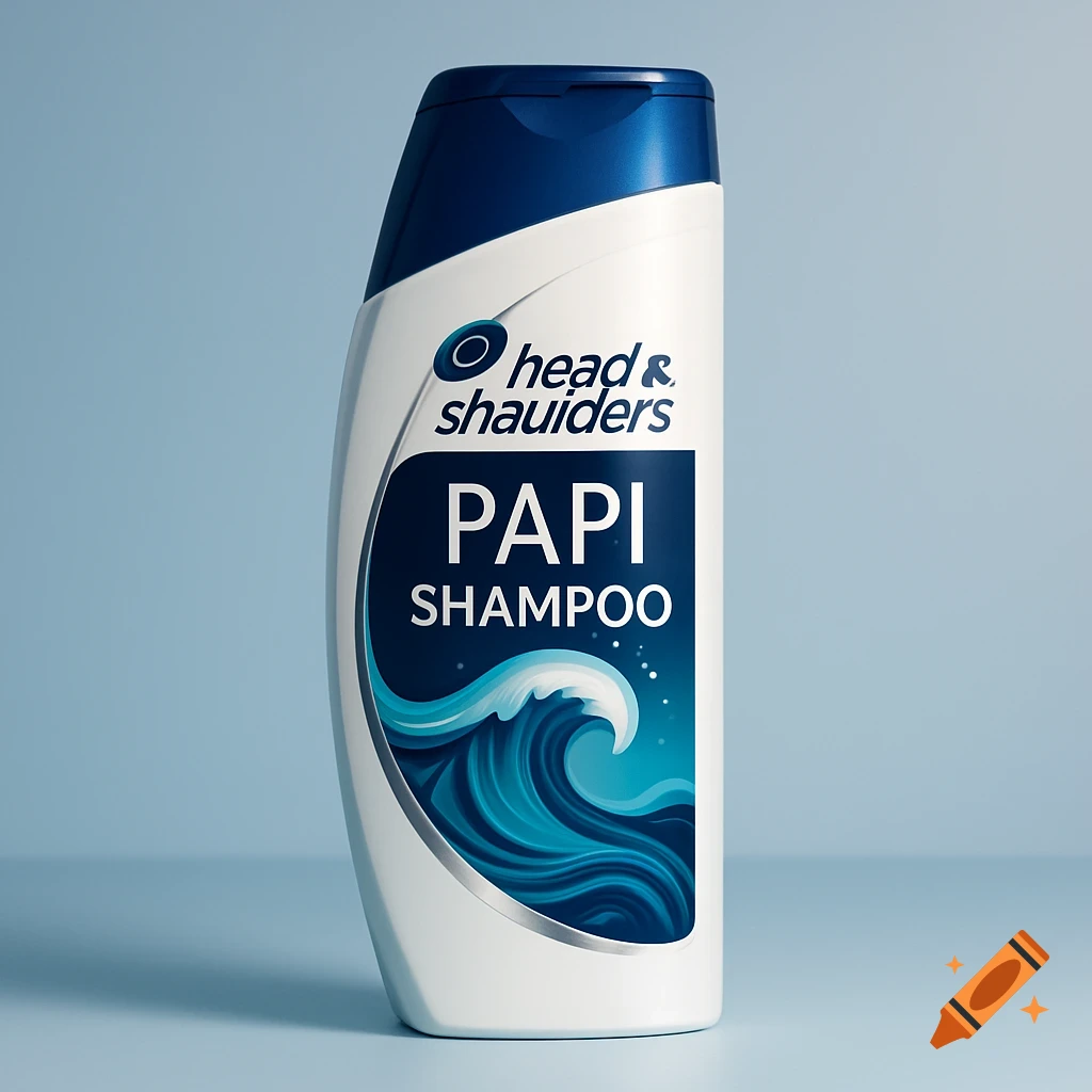 A photorealistic white and blue Head & Shoulders shampoo bottle with 'PAPI SHAMPOO' on the label, against a light blue background.