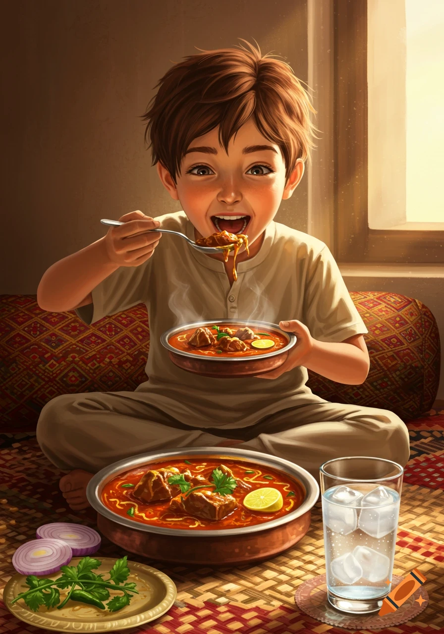 An illustrated boy eagerly eats nihari from a bowl with a spoon, sitting on a mat with food and a glass of water nearby.