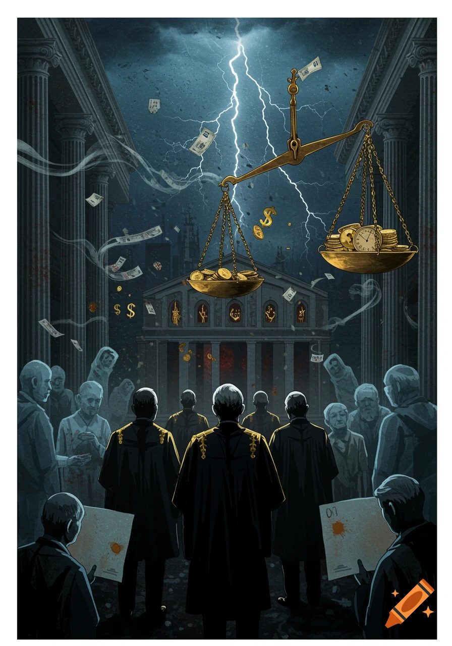 An allegorical image showing a scale of justice with money and time, under lightning, watched by robed figures and a crowd in a grand hall.