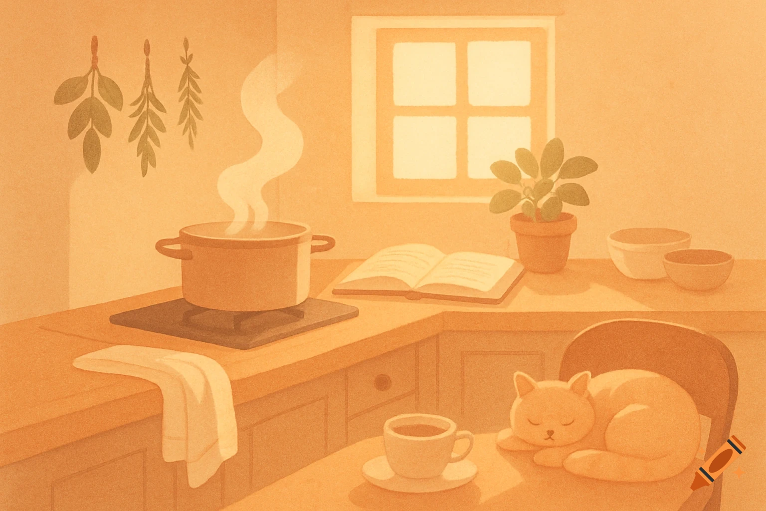 A warm, minimalistic illustration of a cozy kitchen with a simmering pot, an open book, and a sleeping cat on a table.