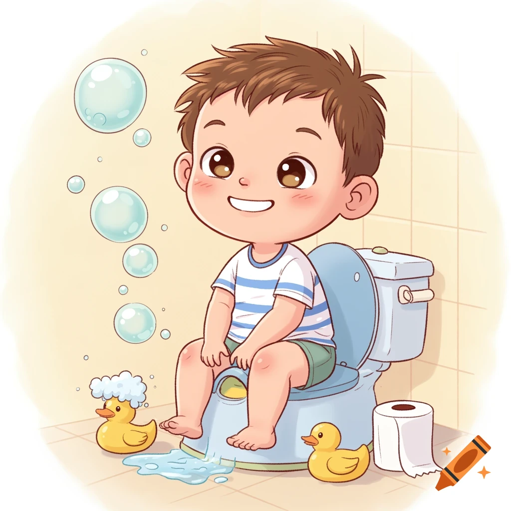 Cartoon boy with brown hair happily sitting on a blue potty, with bubbles, rubber ducks, and toilet paper around him.