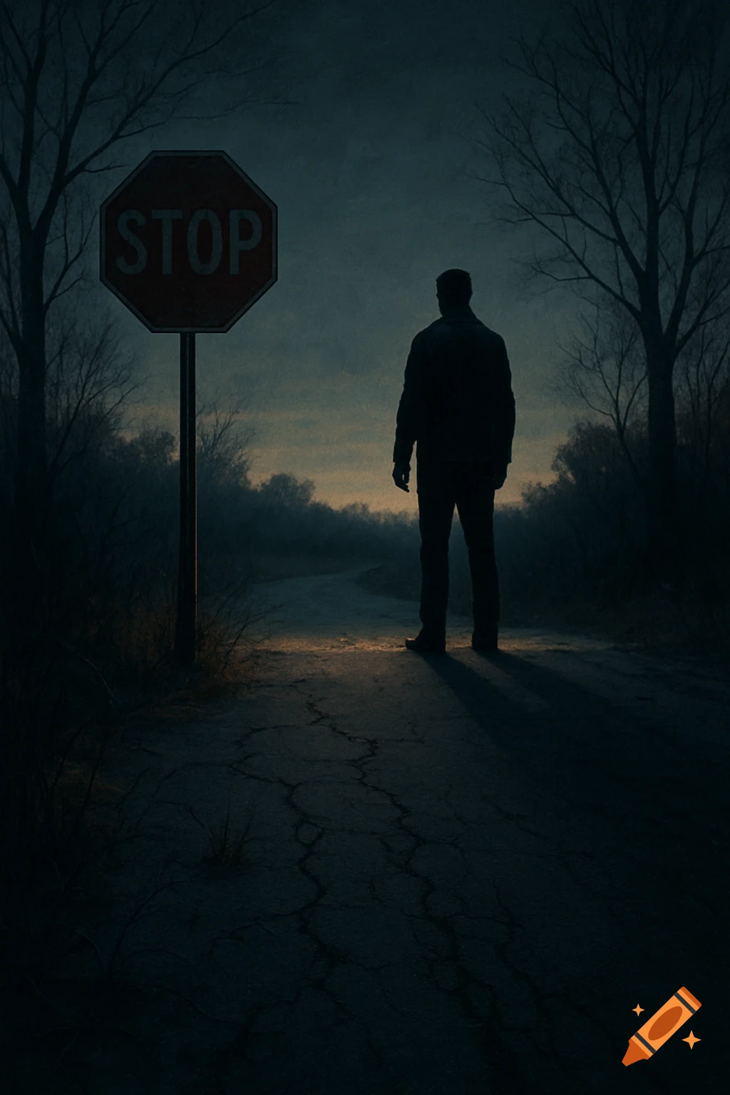 A silhouetted person stands on a cracked, abandoned road before a STOP sign under a dark sky.