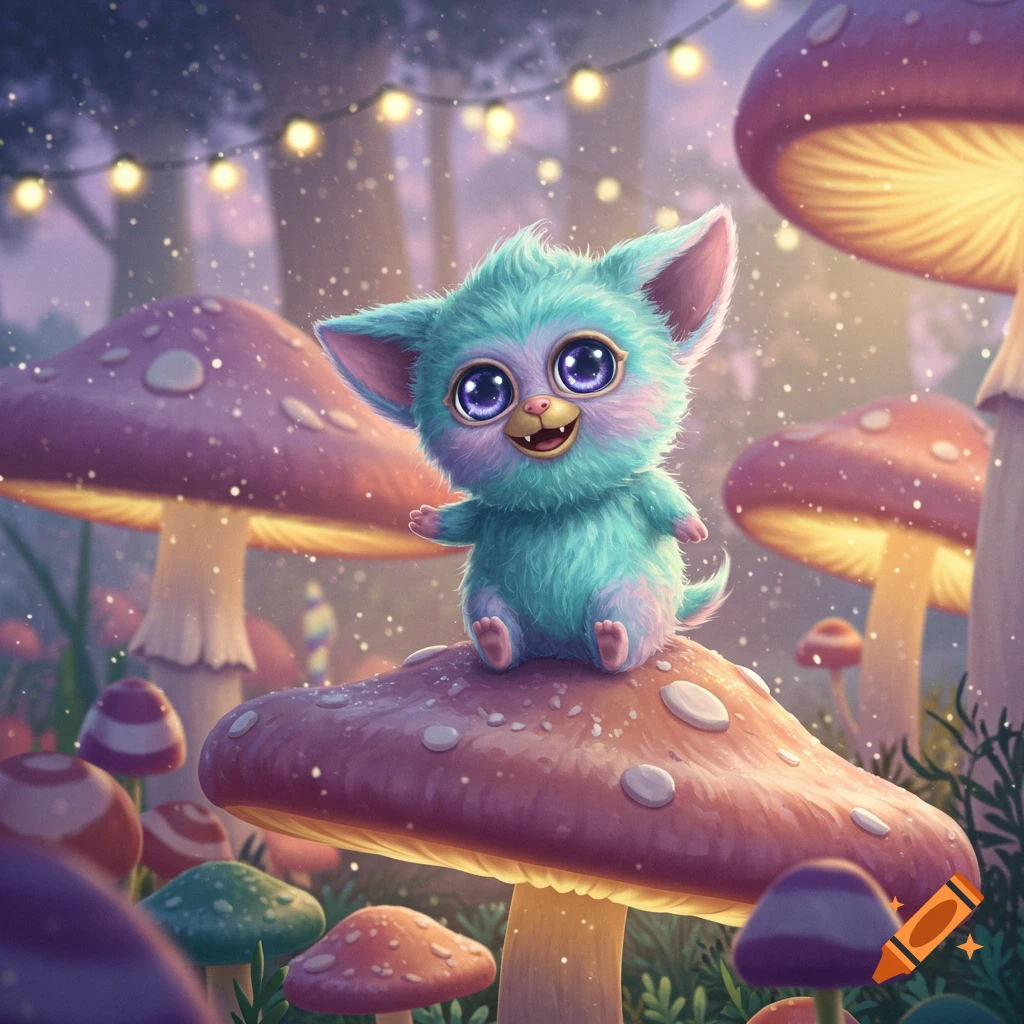 A cute, turquoise furry creature with large purple eyes sits on a large mushroom in a whimsical forest with glowing fairy lights.
