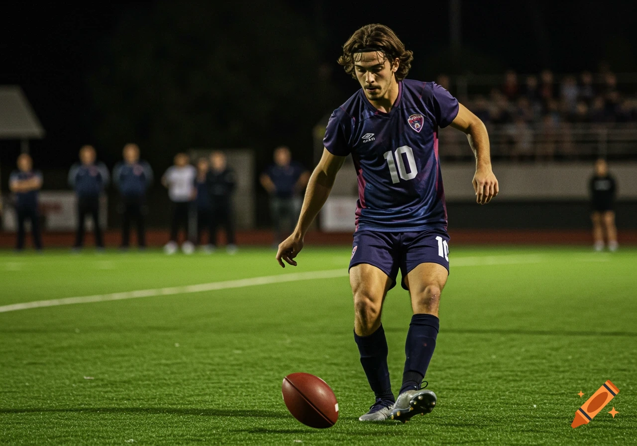 A male football player in a dark uniform with number 10 prepares to kick an American football on a green field at night.