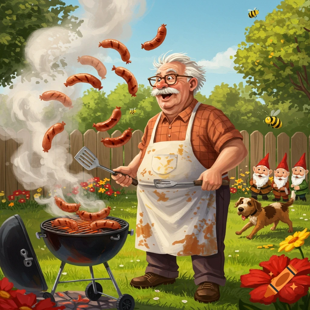 A whimsical cartoon of an elderly man grilling sausages in a garden, with sausages flying around, gnomes watching, and a dog playing.