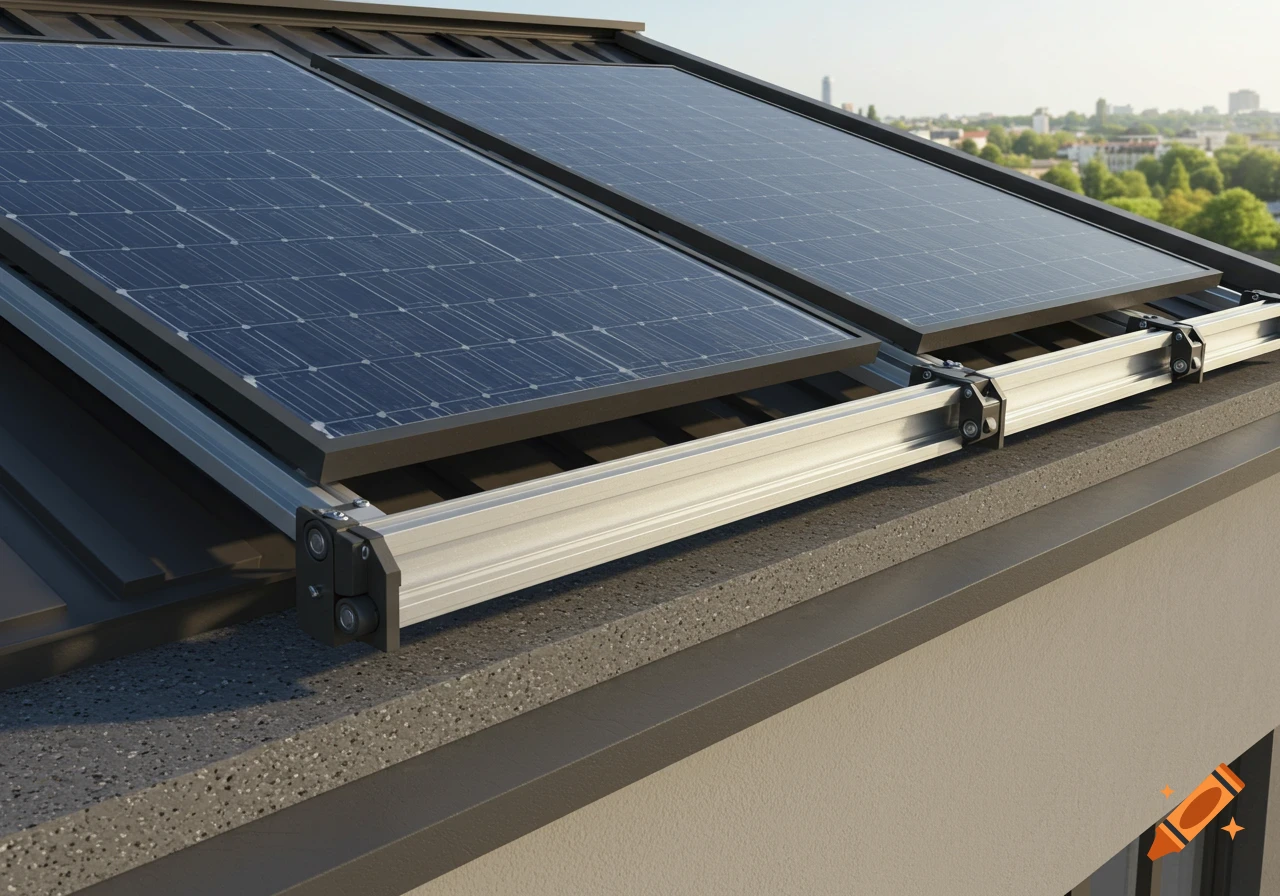 Close-up of two solar panels on a dark sloped roof with aluminum mounting rails, seen with distant city buildings.