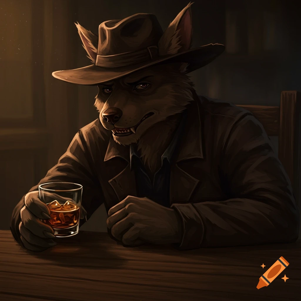 A dog-like furry character in a fedora holds a glass of whiskey at a dim bar table, with an angry expression.