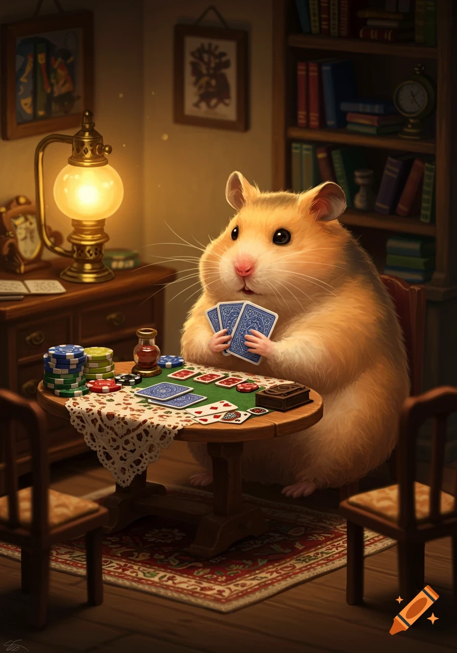 A cute hamster holds playing cards at a table with poker chips and a lamp in a cozy, detailed room.