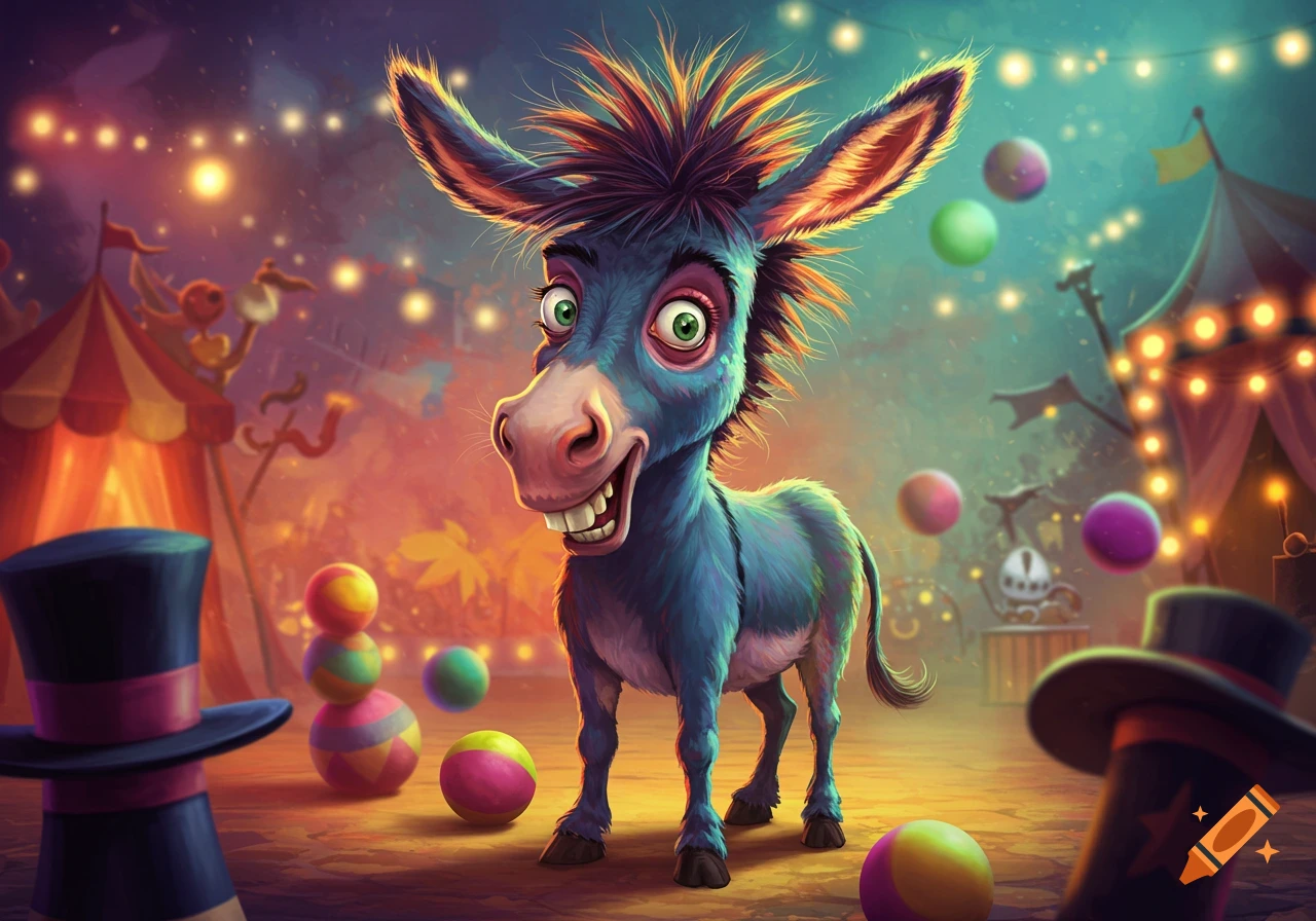 A cartoon donkey with a wacky grin stands in a vibrant circus tent at night, surrounded by colorful balls and string lights.