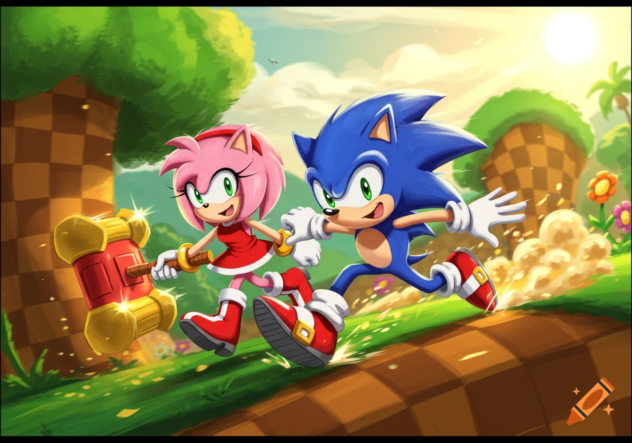 Sonic the Hedgehog and Amy Rose running together through a vibrant, sunny green hill zone, with Amy holding her large red hammer.