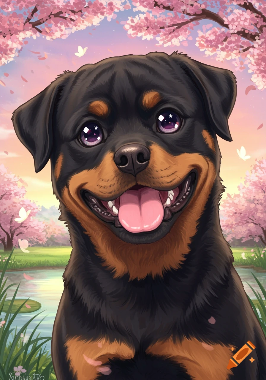 A happy anime Rottweiler with sparkling purple eyes, tongue out, in a cherry blossom field with butterflies and a pond.