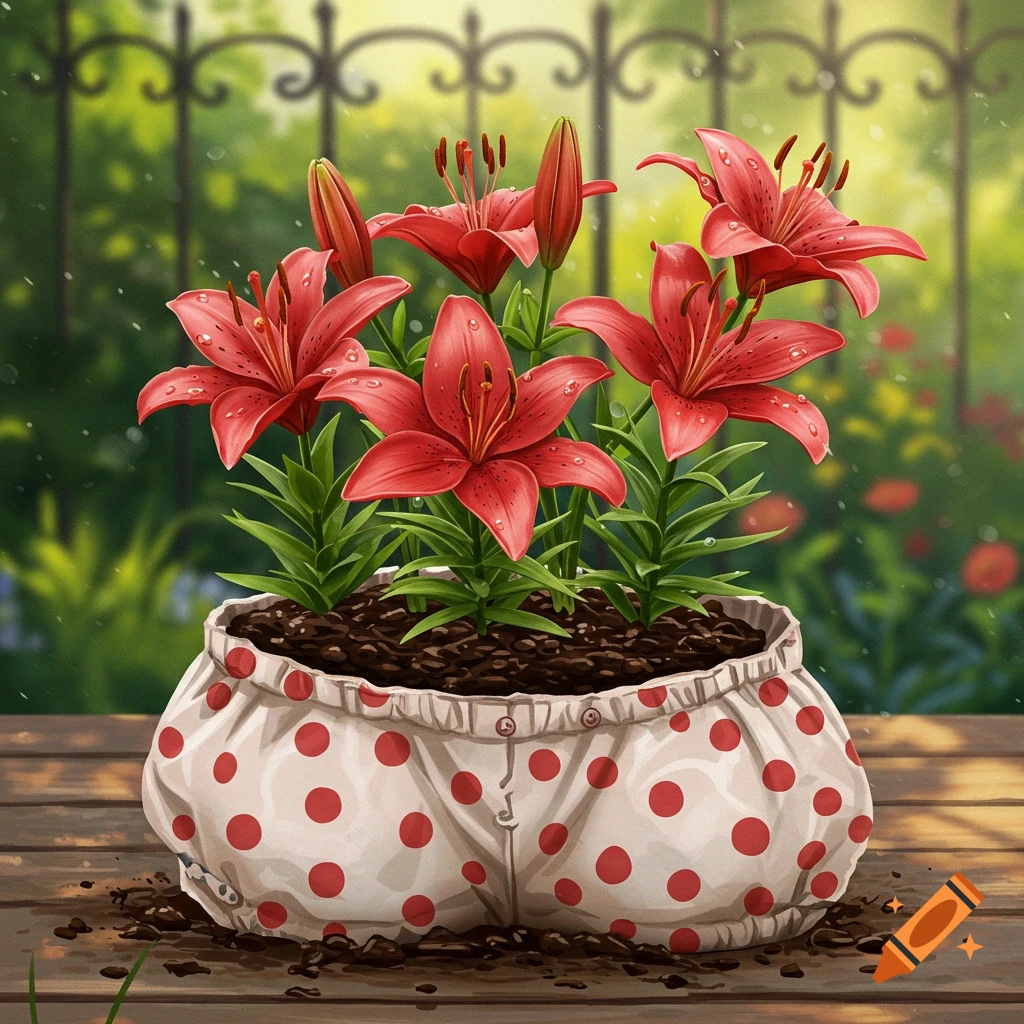 Red lilies growing out of a polka dot bloomer planter on a wooden surface with a garden fence in the background.