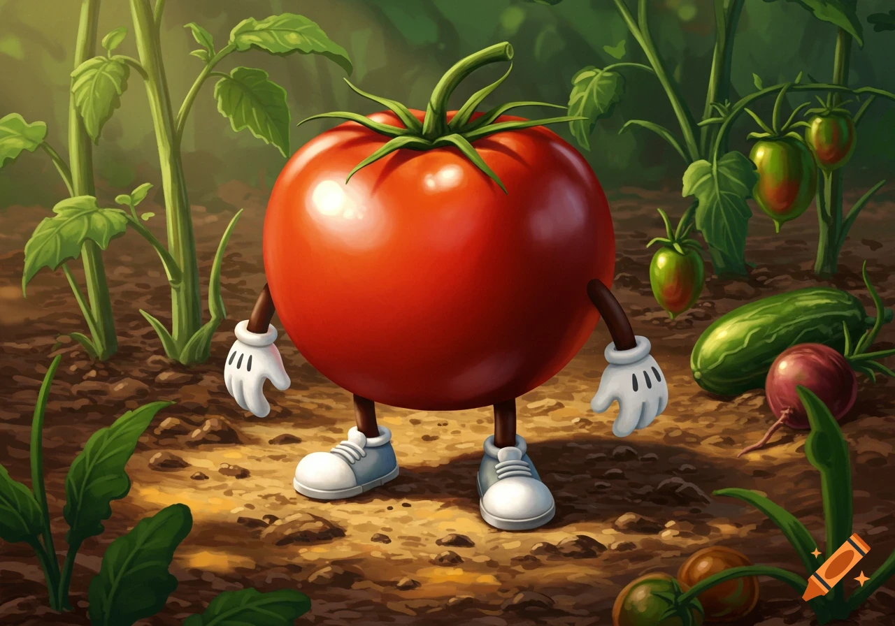 A cartoon red tomato with white gloves and shoes stands in a garden among green plants, cucumbers, and onions.
