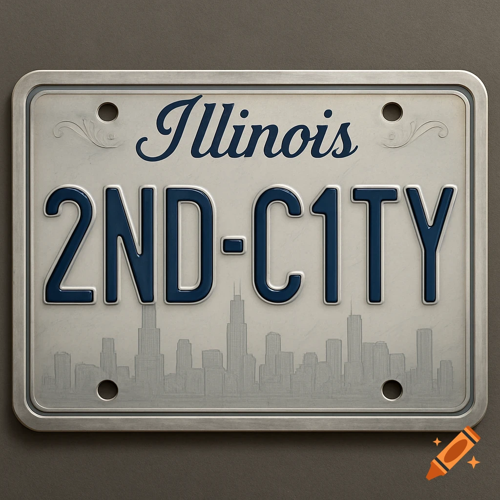 A white and silver Illinois license plate with blue text reading "Illinois" and "2ND-C1TY", featuring a gray skyline silhouette at the bottom.