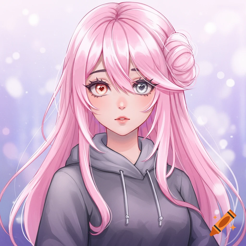 An anime portrait of a girl with long pink hair, heterochromatic eyes with heart-shaped pupils, and a grey hoodie.