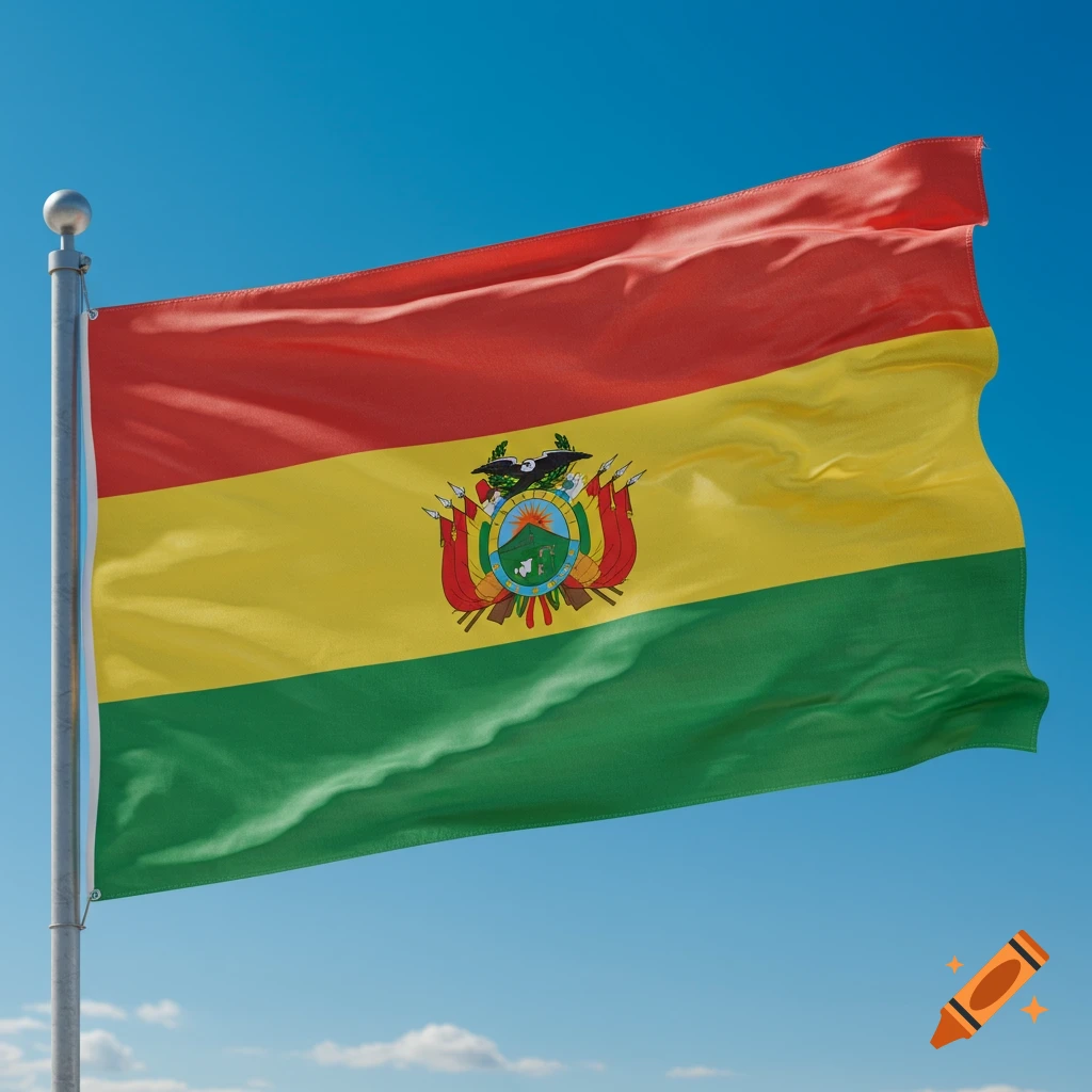 Photorealistic Bolivian flag, red, yellow, and green with coat of arms, waving under a blue sky.