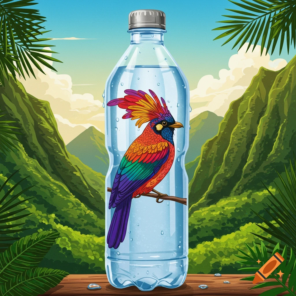 A vibrant, colorful bird with a large crest sits on a branch inside a clear water bottle, with lush green mountains in the background. Illustrative style.