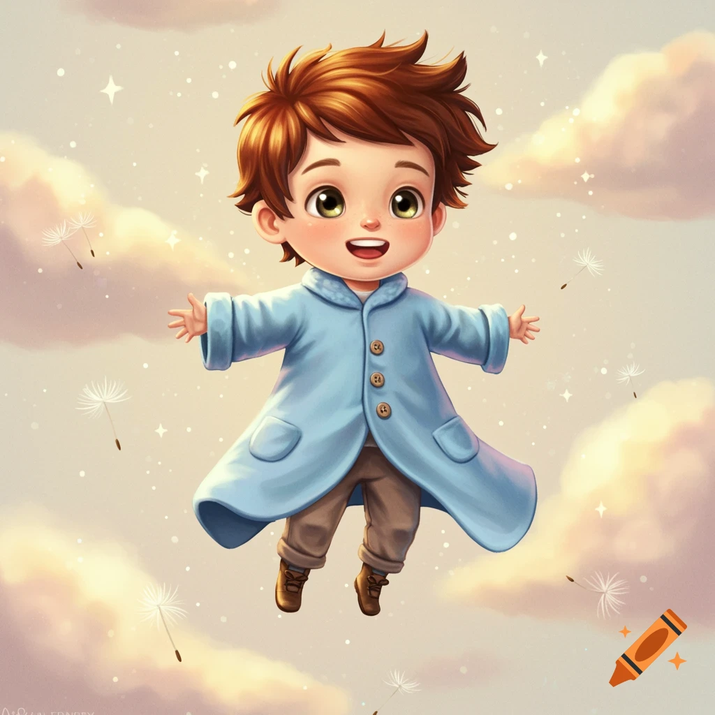 A cute, happy cartoon boy in a blue coat floats in a cloudy sky with dandelion seeds.