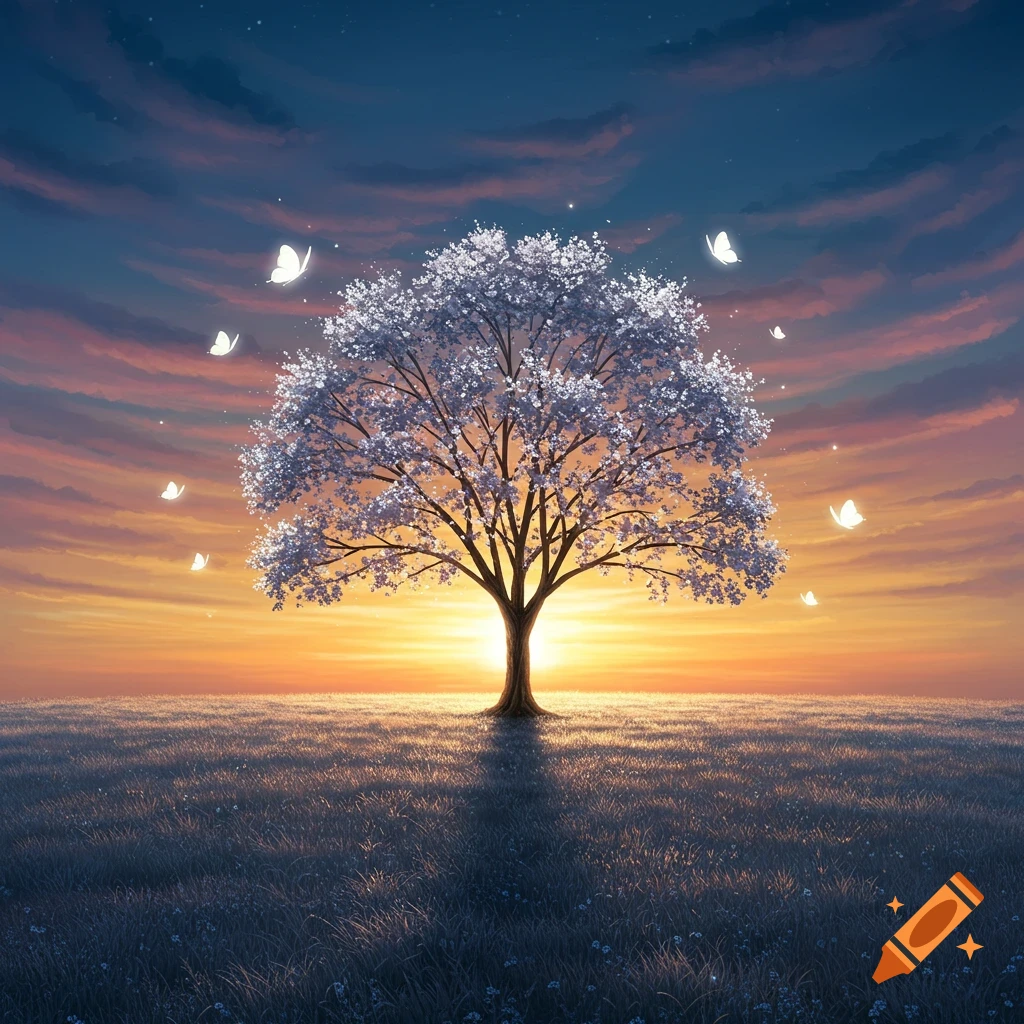A silhouetted tree with white blossoms and glowing butterflies stands in a field under a vibrant orange and blue sunset sky.