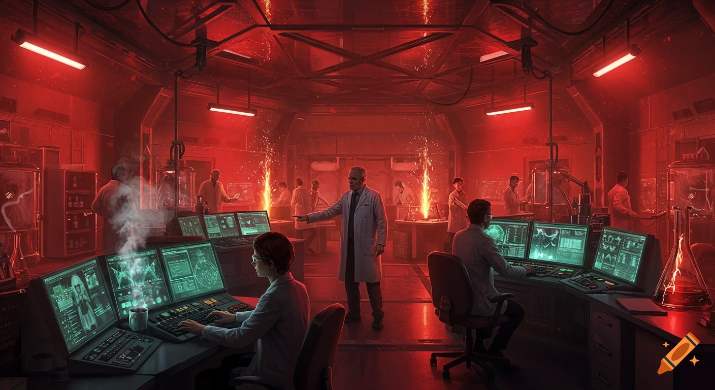A futuristic laboratory bathed in red light, with multiple scientists in lab coats working at computer stations while sparks fly from experimental equipment.