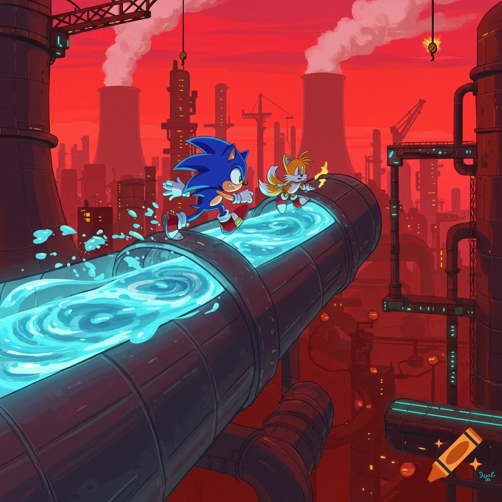 Sonic and Tails run on a glowing blue liquid pipe through a red industrial city with power plants in the background, in a cartoon style.