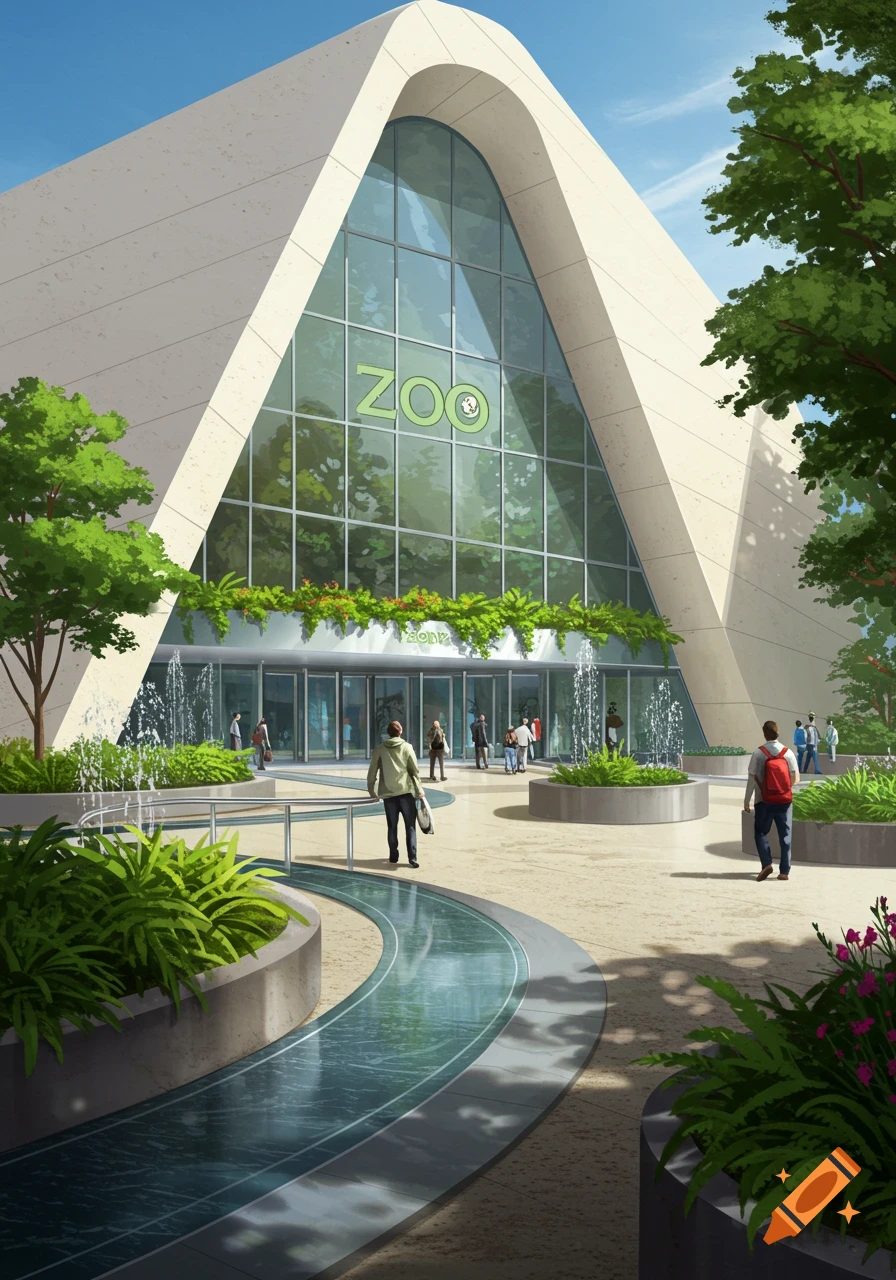 A modern, illustrated zoo entrance building with a curved roof and large glass windows displaying "ZOO". People are on a plaza with fountains and green landscaping.