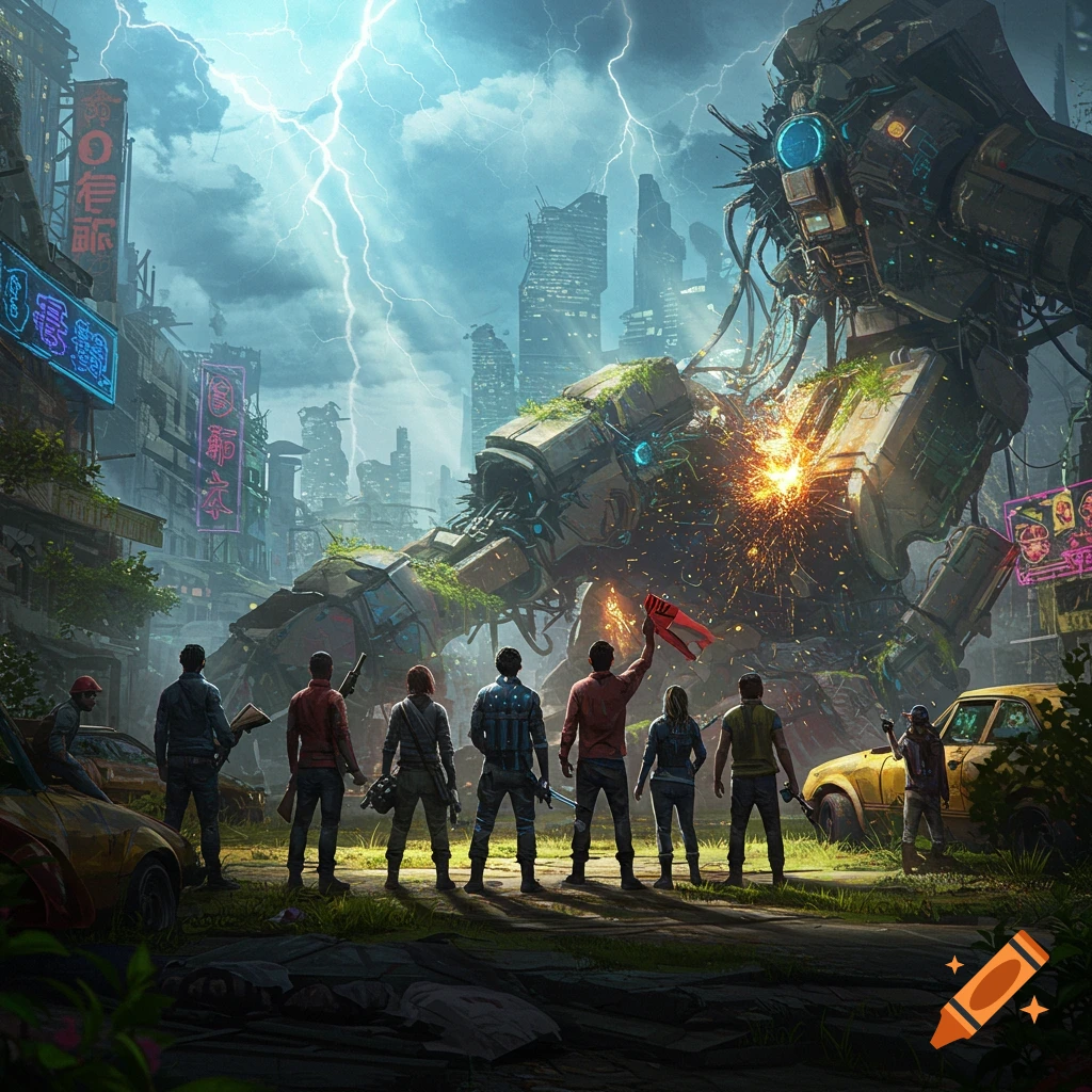 A group of survivors stands before a massive, fallen robot in a destroyed, lightning-struck city.