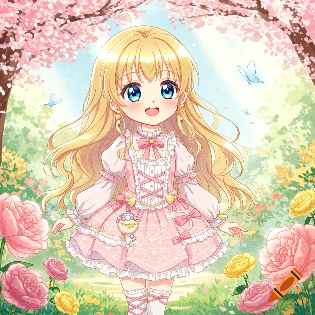 A cute blonde anime girl with blue eyes smiles in a magical spring garden with pink cherry blossoms and roses.