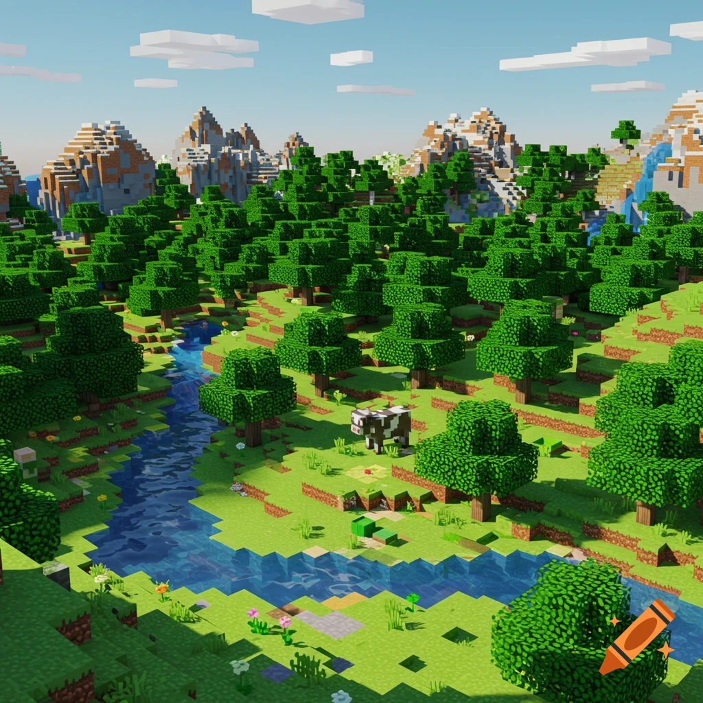 A vibrant Minecraft landscape featuring a winding river, dense forest of blocky trees, and towering block mountains under a clear blue sky with a cow grazing in a field.