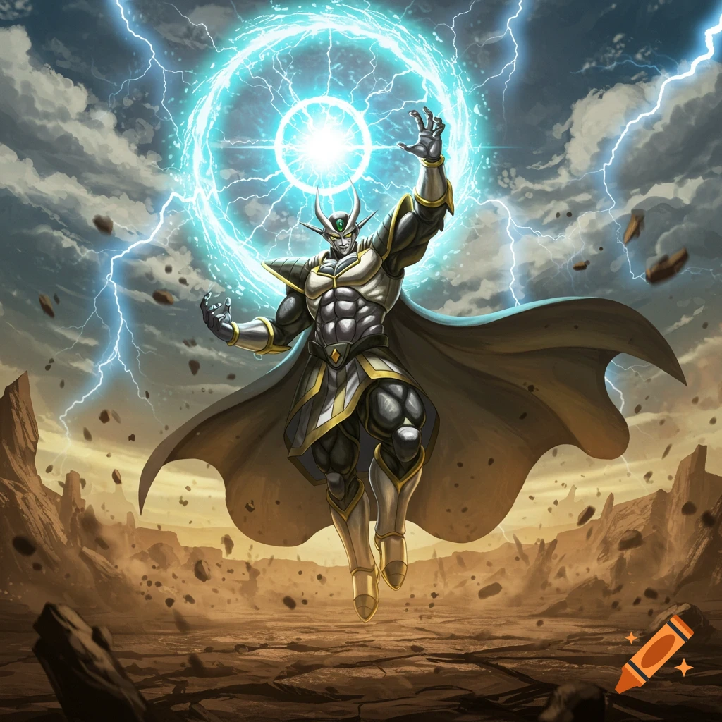 Muscular, horned alien in armor and cape floats, generating a blue energy sphere in a rocky, lightning-filled landscape, anime style.
