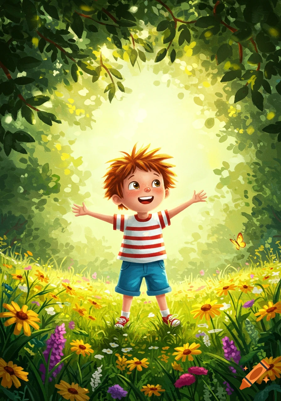 A happy boy with red spiky hair and a striped shirt stands in a sunlit flower meadow with arms outstretched, in a cheerful illustration.