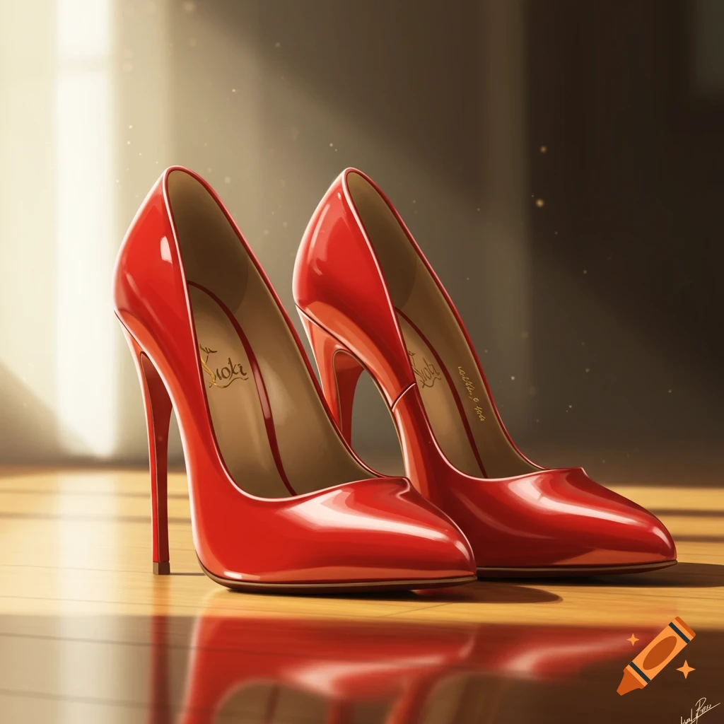A pair of shiny red high-heeled shoes sit on a reflective wooden floor with sunlight illuminating them from the left.