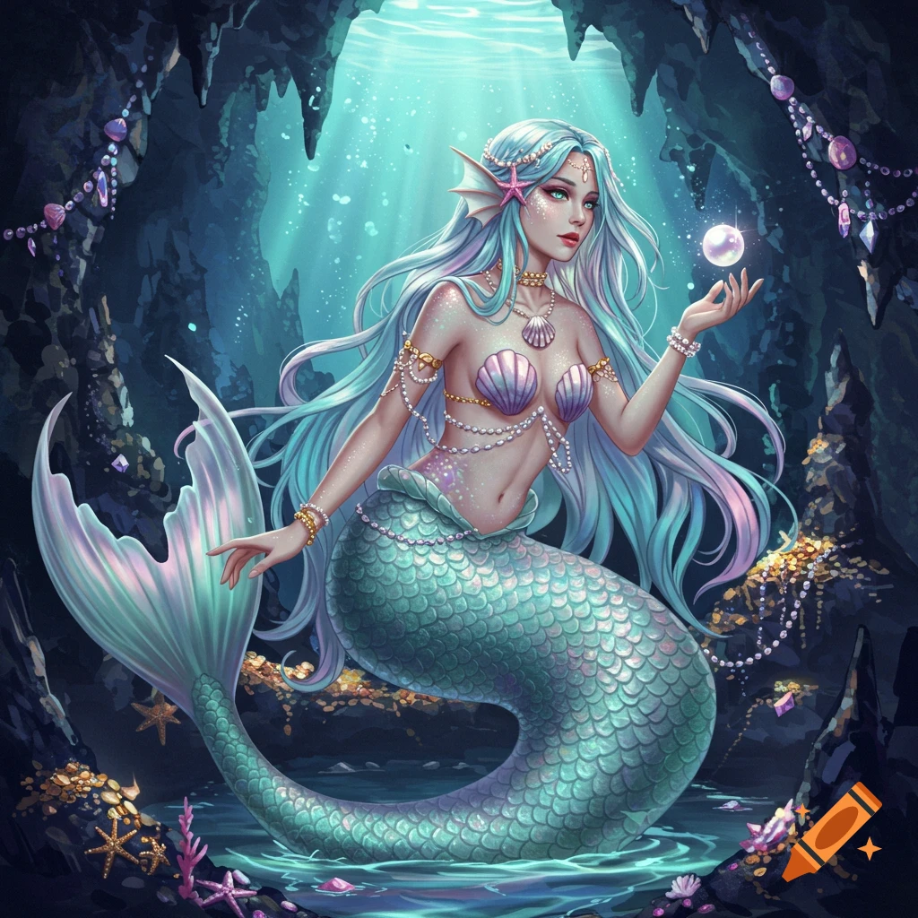 An elegant, semi-realistic anime-style mermaid with long light blue hair, a seashell top, and a teal scale tail, holding a glowing pearl in an underwater cave.