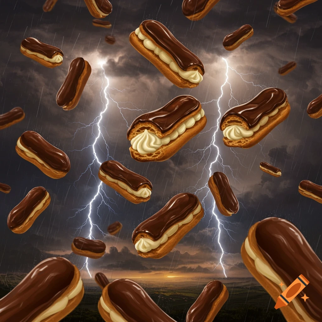 Eclairs falling from a dark, stormy sky with lightning and rain.