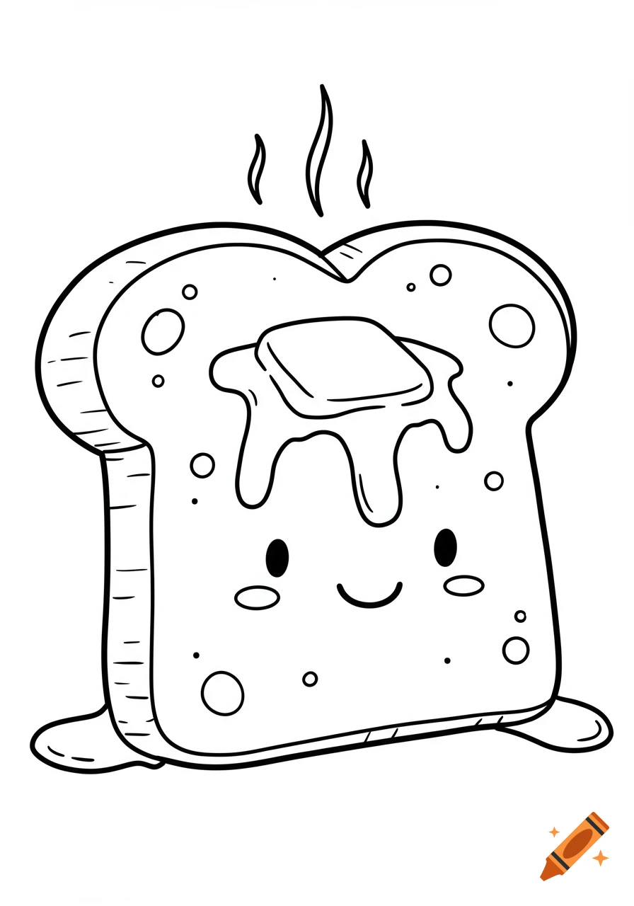 Cartoon black and white outline of a smiling slice of toast with melting butter.