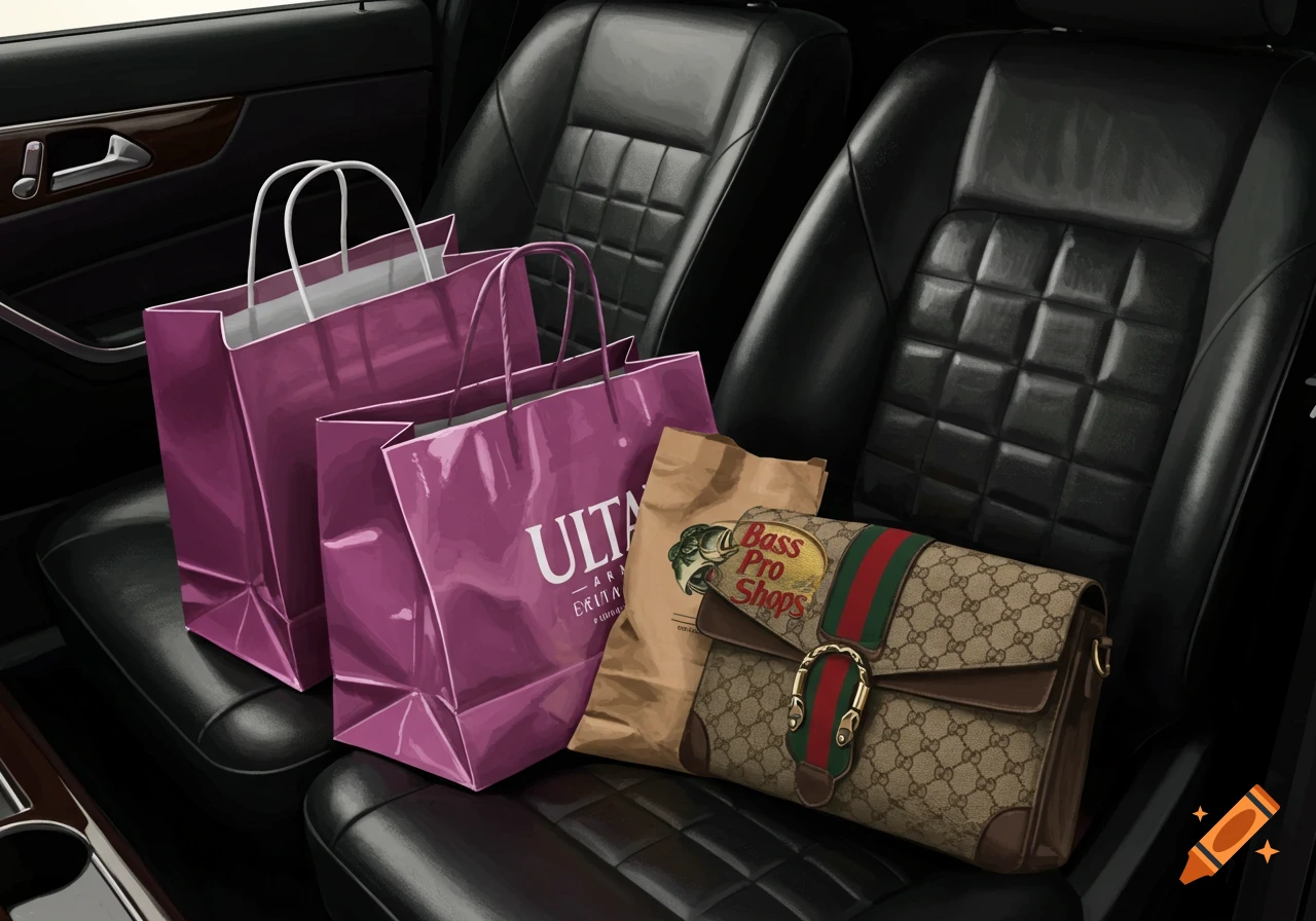 Shopping bags from Ulta Beauty and Bass Pro Shops, along with a Gucci purse, sit on the black leather seat of a car.