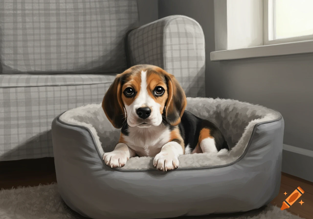 A cute beagle puppy with brown, white, and black fur lies in a soft gray pet bed. A gray plaid couch is in the background.