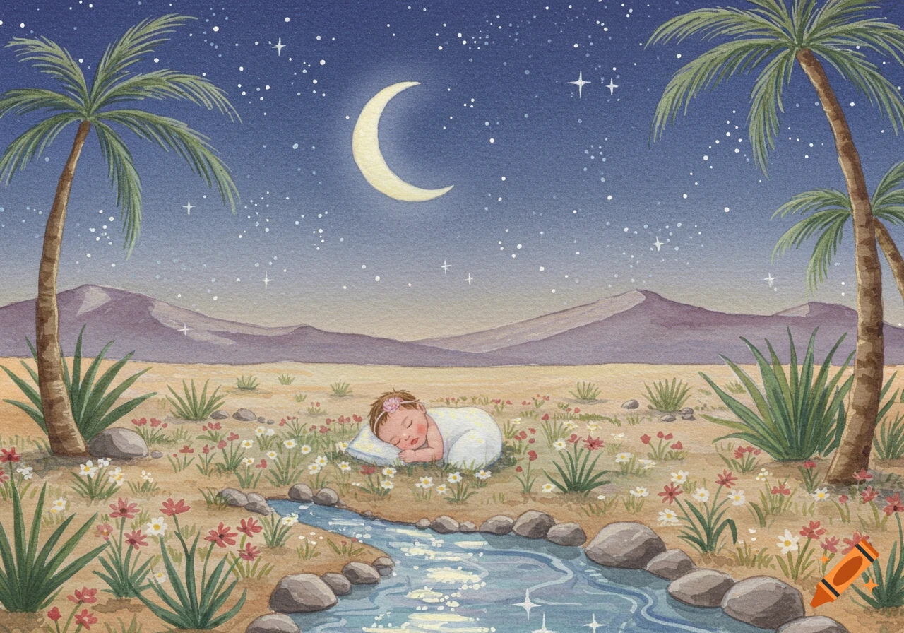 Watercolor illustration of a baby sleeping in a desert oasis under a crescent moon, with palm trees and a stream.