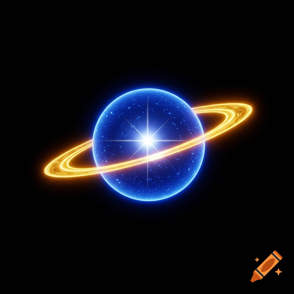 A glowing blue sphere with a star-like center and a golden ring, set against a black background.