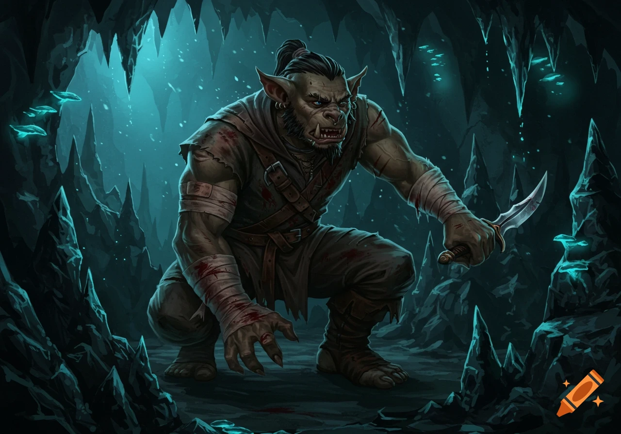 A crouching, injured green-skinned orc-like creature with a dagger in a glowing blue cave, fantasy digital art.