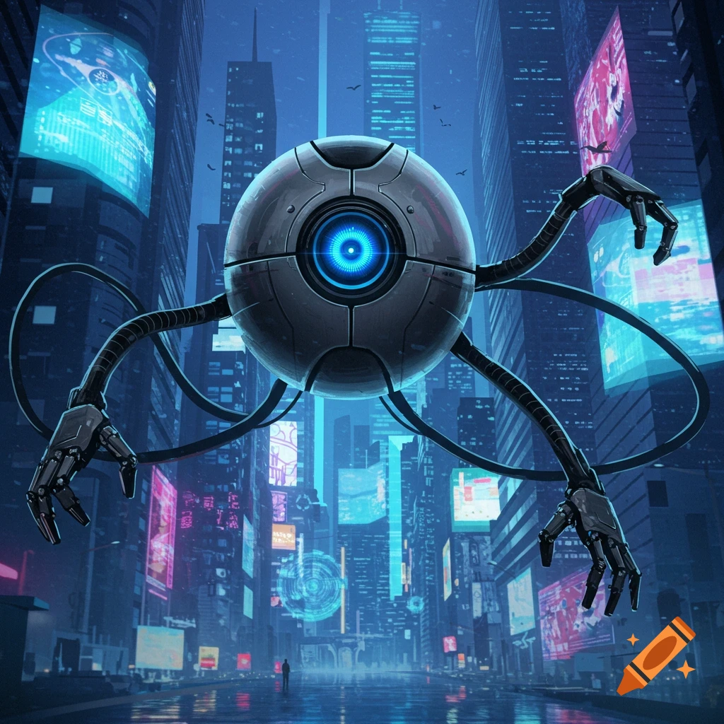 A large spherical robot with a glowing blue eye and long cable arms with robotic hands floats in a futuristic cyberpunk city at night.