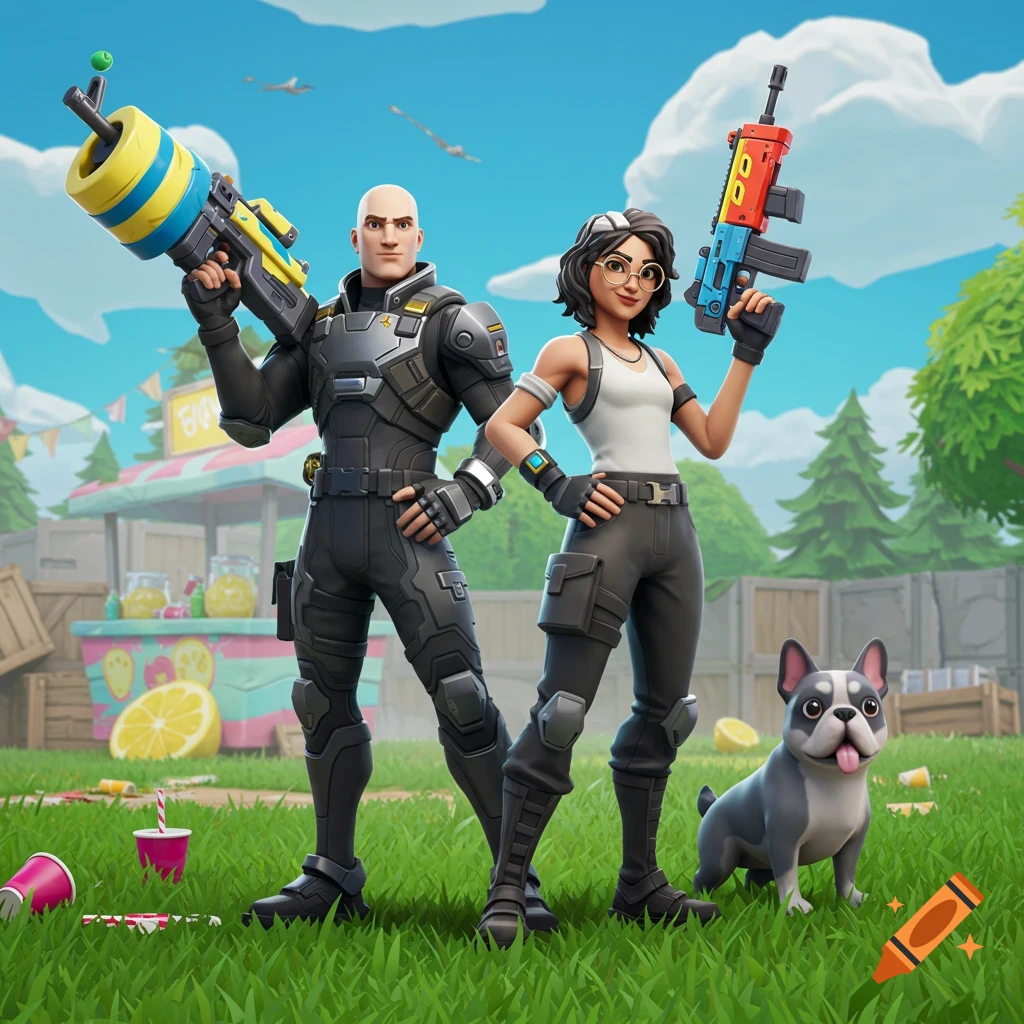 Two Fortnite-style cartoon characters, a bald man and a woman with glasses, hold guns in a grassy area with a lemonade stand and a French bulldog.