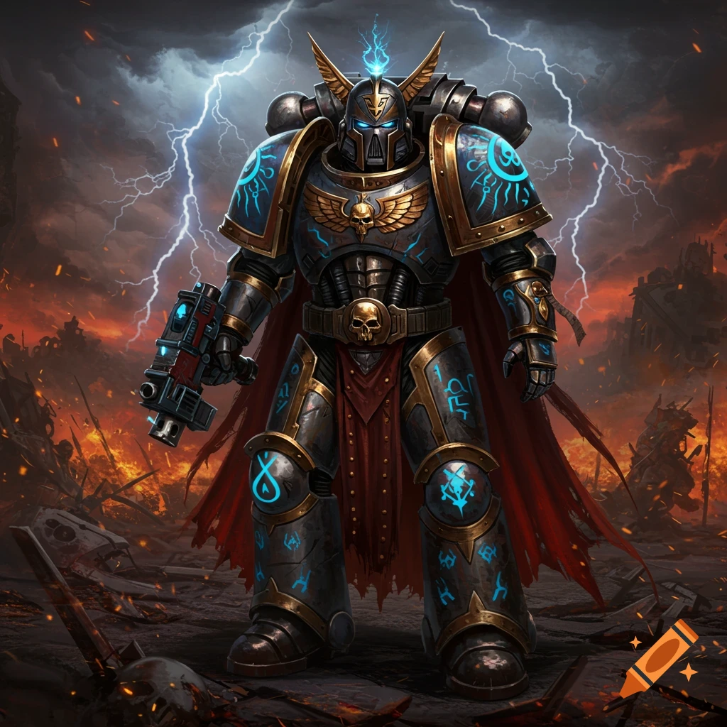A powerful Warhammer 40k Thousand Sons Space Marine in ornate blue and gold armor stands amidst a fiery, storm-lit battlefield.