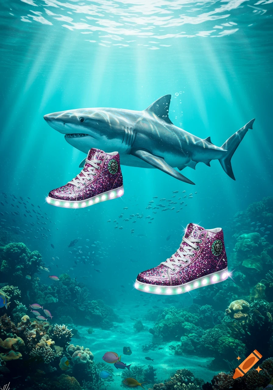 A photorealistic image of a great white shark swimming in a blue ocean above two floating glittery pink light-up high-top sneakers and a coral reef.