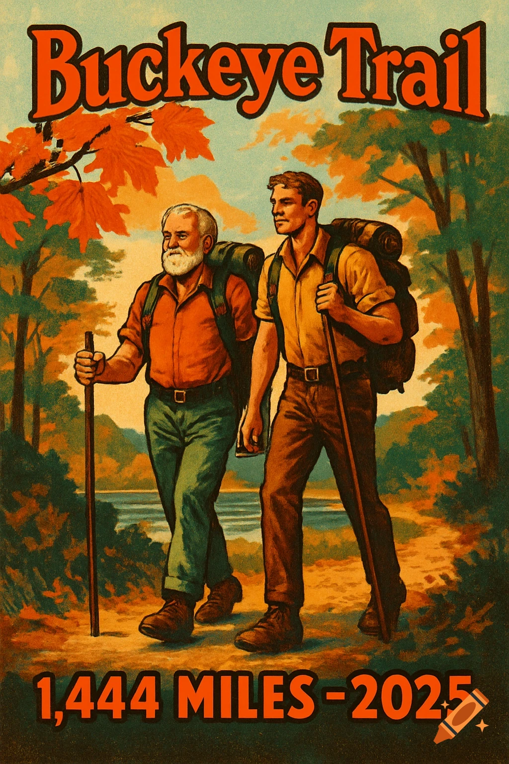 Two male hikers with backpacks and sticks on a trail in a vintage poster style with fall foliage and a lake. Text: Buckeye Trail, 1,444 Miles - 2025.