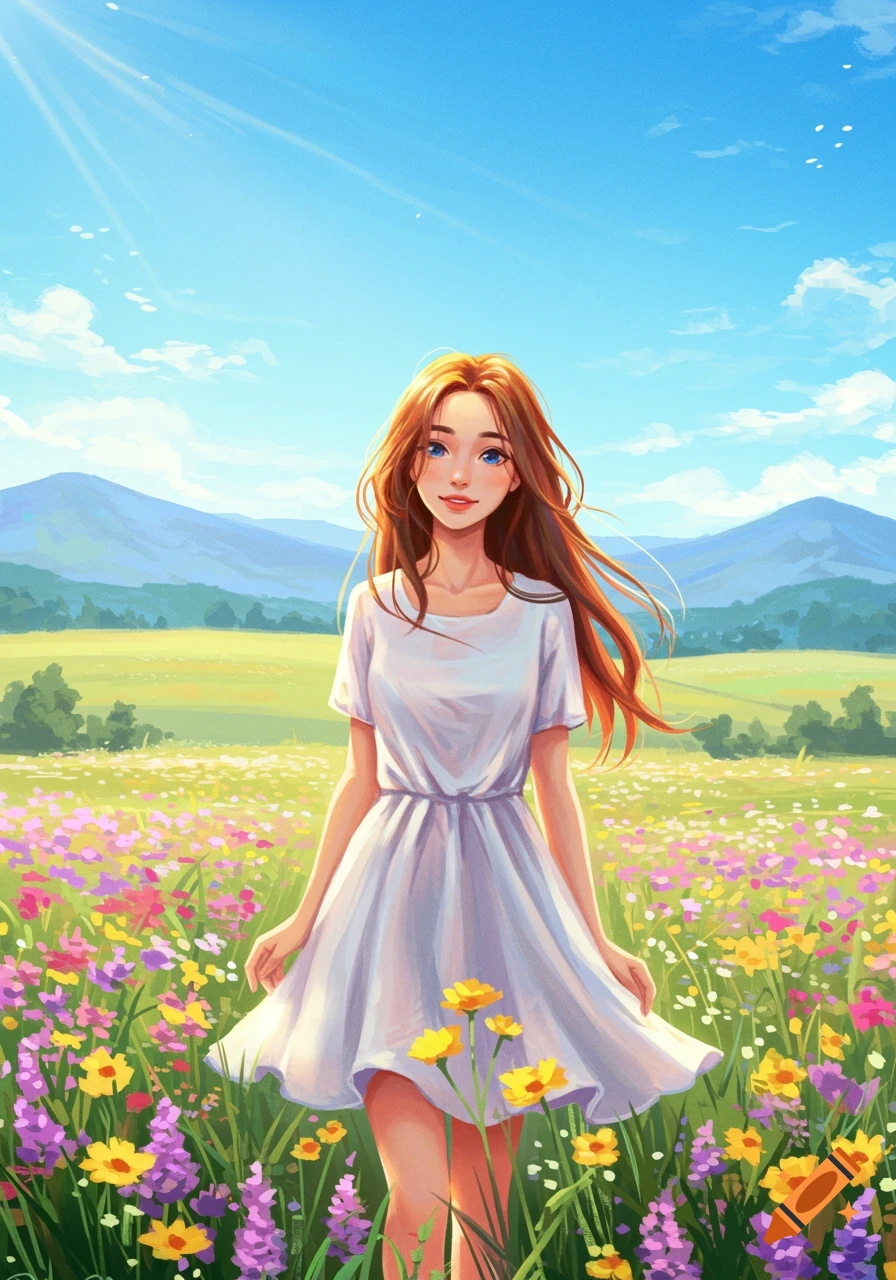 An anime-style illustration of a young woman with long brown hair and a white dress standing in a vibrant field of colorful flowers under a bright blue sky with mountains in the background.
