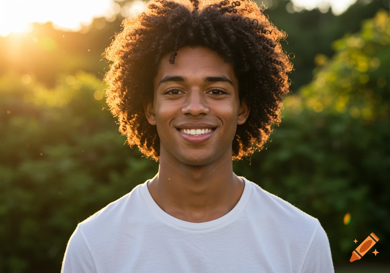 A young man with dark curly hair and dark skin smiles at the camera, backlit by the setting sun outdoors.