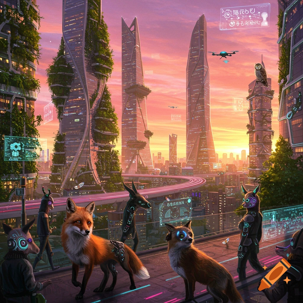 A vibrant futuristic city with towering green skyscrapers and elevated tracks at sunset, featuring anthropomorphic foxes with glowing tech.