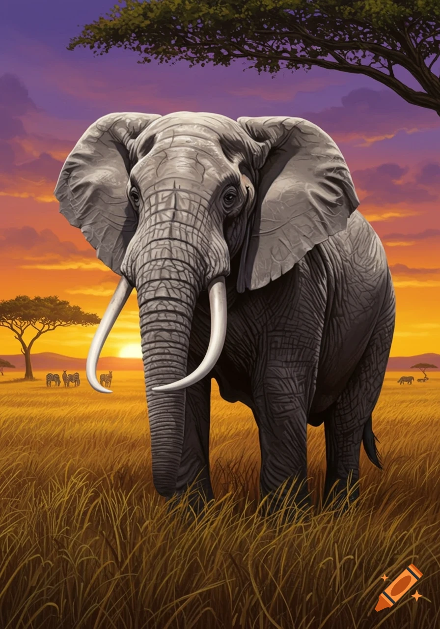 A large elephant stands majestically in a golden grassy savanna under a vibrant orange and purple sunset sky.