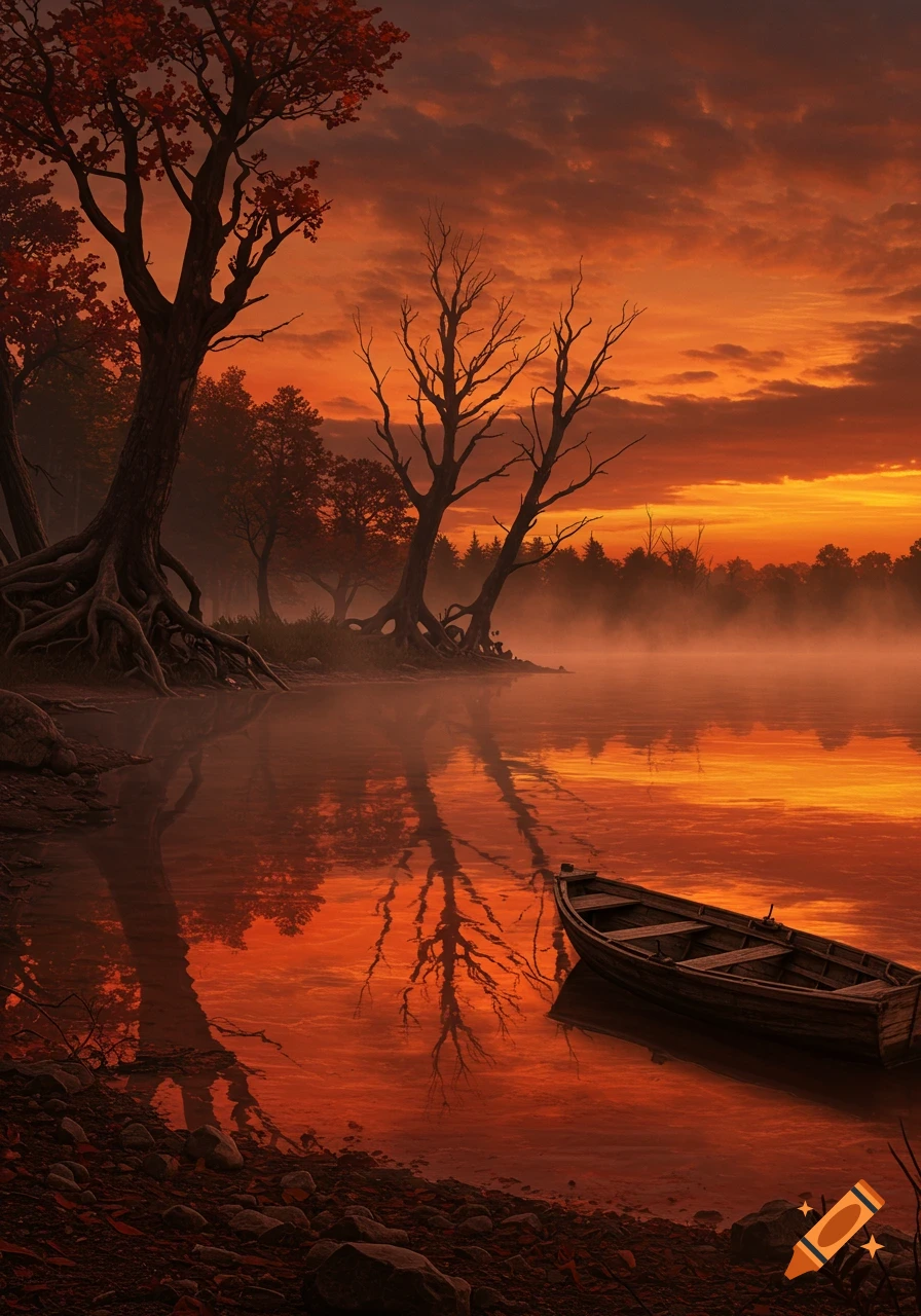 A vibrant orange and red sunset over a misty lake with silhouetted trees and their reflections, and a small boat docked on the rocky shore.